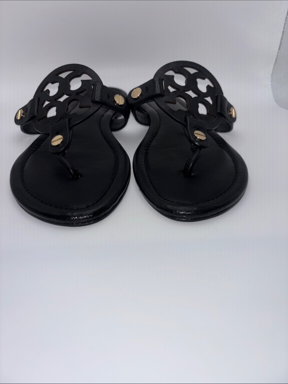 Tory Burch Miller Black Leather Logo Thong Sandals with Gold Accents - Picture 3 of 10